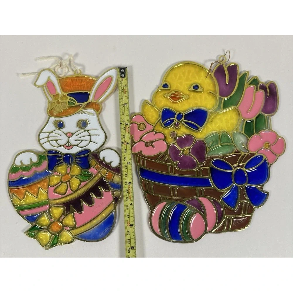VTG 1980's Easter Window Decoration Crystalline Plastic Stained Glass Look Bunny